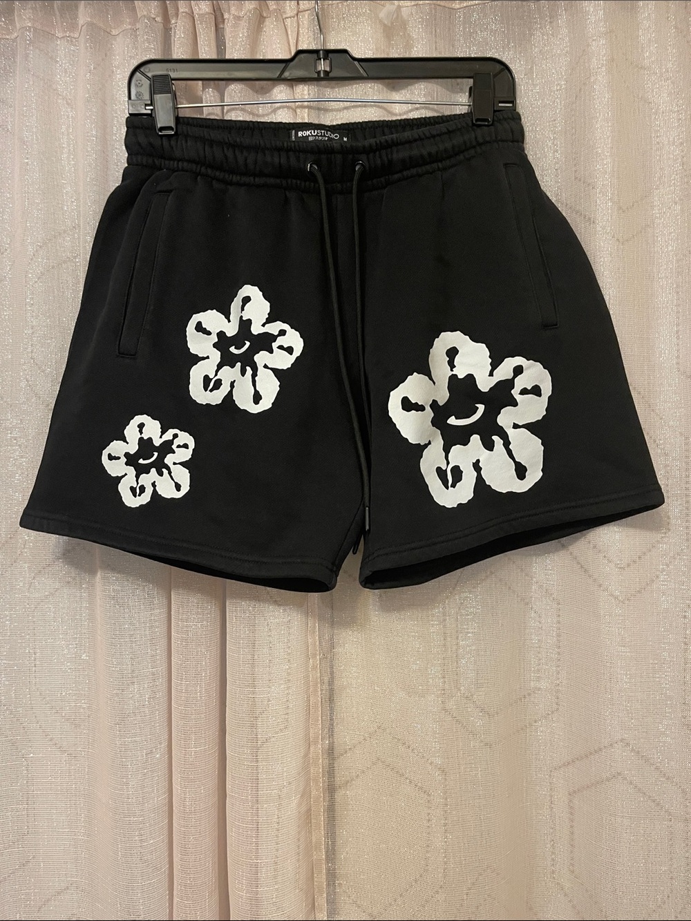Men’s ROKUSTUDIO Black Fleece  Athletic Shorts with White Floral Prints